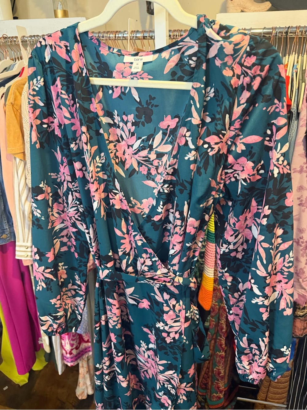 NWOT Bar III Teal Maxi Wrap Dress with Pink Floral Pattern - Picture 8 of 8
